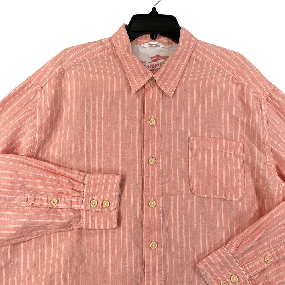 Tommy Bahama Linen Button Down Shirt Mens XXL Orange Striped Pocket Vacation